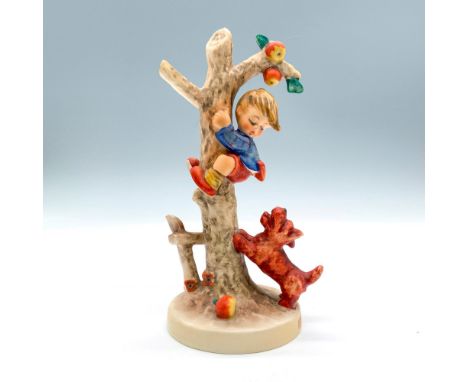 Matte porcelain, modeled in blue and brown colors, depicts a boy climbing an apple tree to scape a dog. Goebel Hummel backsta