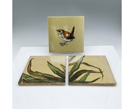 This group of hand decorated tiles includes: A pair of Doulton Lambeth stoneware tile with leaves design, marked with their D