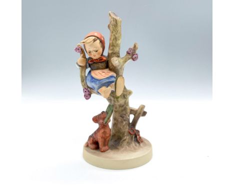 Matte porcelain, modeled in blue, brown and red colors, depicts a girl on a tree scaping from a dog. Goebel Hummel backstamp.