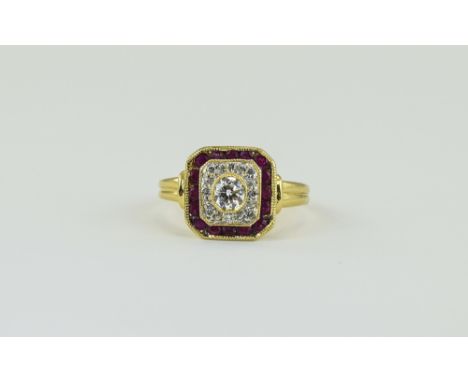 Ladies 18ct Gold Diamond & Ruby Ring Art Deco Style Ring Set With A Central Round Cut Diamond Surrounded By A Band Of Round B