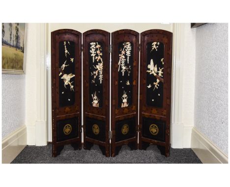 Oriental Style Four Panel Screen Applied Floral & bird Decoration, Each Panel 35 x 11 Inches