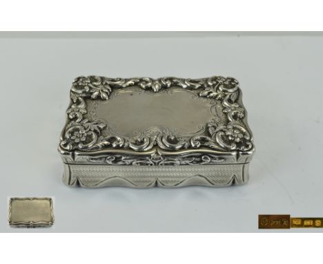 Early Victorian Wonderful Ornate Shaped Large and Heavy Silver Hinged Snuff Box with Applied Floral Silver Decoration to Cove