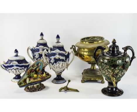 Mixed Lot Of Collectables Comprising A Brass Samovar (Cover Missing, Tap Broken) Pottery Samovar With Brass Tap, Three Piece 