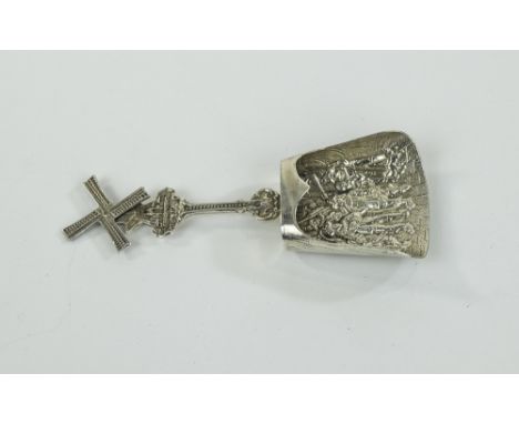 Dutch Style Caddy Spoon, Embossed Figural Bowl, Marked AH 90 To Handle, length 4 Inches 