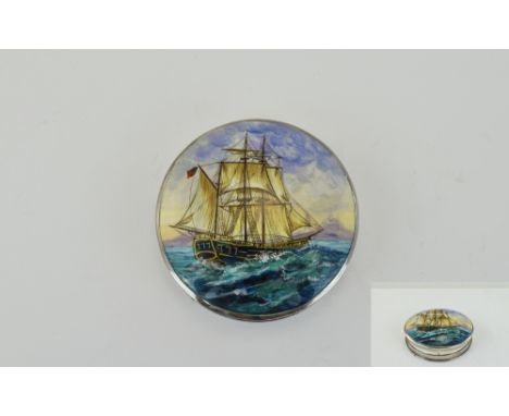 Elizabeth II Top Quality Silver and Enamel Circular Lidded Box with Image of 19th Century Ship on Rough Seas of English Coast