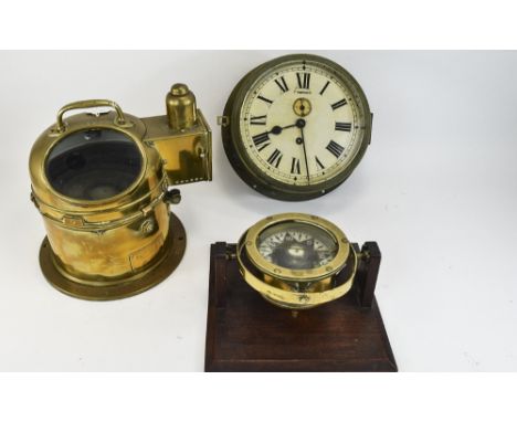Collection Of Brass Nautical Items Comprising Ships Binnacle Compass Mounted In Gimbals, Brass Hood With Glazed Viewing Port,