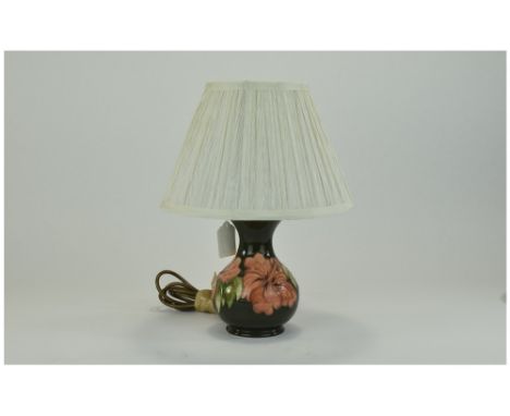 Moorcroft Hand Painted Tube Lined Table Lamp Base Shade 'Coral Hibiscus' Design on green ground. lamp base 7 inches hight. Ex