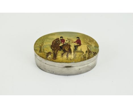 Elizabeth II Quality Dome Topped Large Hinged Silver Pill Box with Hunting Scene to Top Cover. Hallmark London 1996, Maker A.