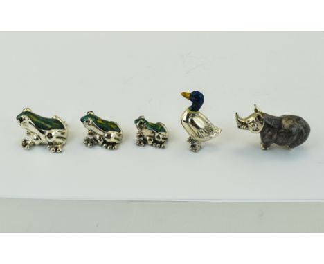 A Set of Miniature Silver and Enamel Frogs ( 3 ) In Total. All Fully Hallmarked + a Miniature Silver Duck, Fully Marked for S