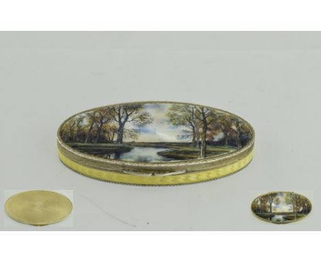 A Silver Gilt and Enamel Oval Shaped Hinged Box of Superior Quality with Yellow Enamel Banding to Sides with Scene of a River
