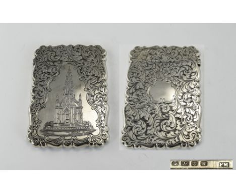 Victorian Mid 19th Century Fine Quality Ornate And Shaped Silver Hinged Card Case. The Central Panel with Etched and Engraved