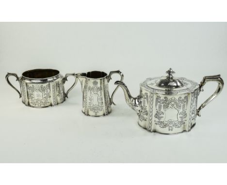 Victorian Nice Quality 3 Piece Silver Tea Service. With Stylised Etched, Engraving To Bodies. Hallmark Sheffield 1863. Marked