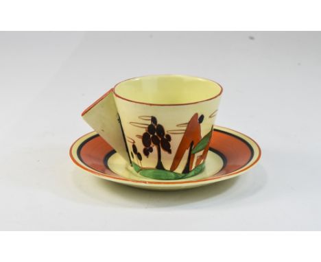 Clarice Cliff Art Deco Hand Painted Conical Shaped Cup and Saucer ' Trees and House ' Design. c.1929. Cup - 2.5 Inches High. 