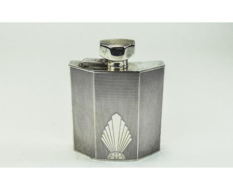 Art Deco Top Quality Solid Silver Hip Flask, With True Art Deco Lines. Hallmark Birmingham 1932. Maker H.H, Herbert Hall. 5 I