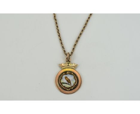 Victorian 9ct Gold And Enamel Medallion Attached To A 9ct Gold Belcher Chain. Fully Hallmarked For 9 375 Gold. Hallmark Chest