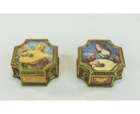 Franklin Mint Pair of "Angels of The Vatican" Musical Boxes, each showing an angel playing a lute, to the cover of the square