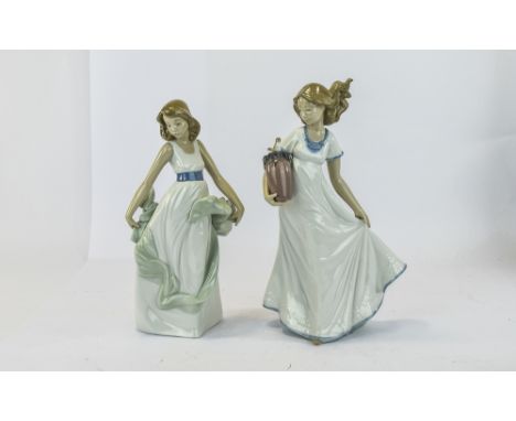 Nao By Lladro, dancing girl with ribbons. Height 10.5 inches. Together with one other, a young lady with two handled jug.