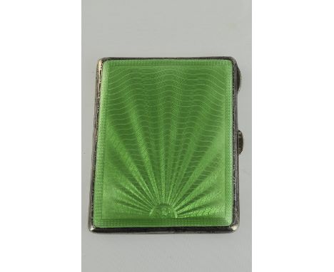 Art Deco Very Fine Green Enamel and Silver Cigarette Case. Hallmark Birmingham 1937. 3.5 x 2.75 Inches. 94.7 grams.  Excellen