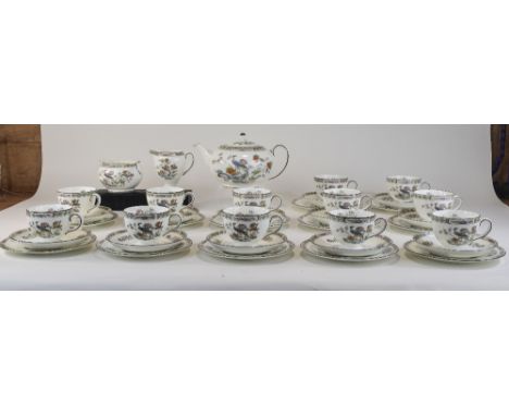 Wedgwood Very Fine ( 40 ) Piece Bone China Tea Service, Kutani Crane Pattern R4464. Comprises 12 Trios, 1 Teapot, 1 Sandwich 