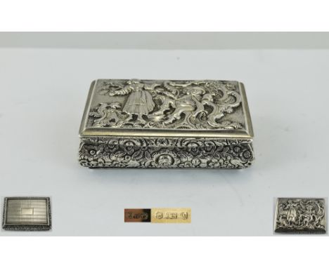William IV Top Quality Heavy Rectangle Shaped Silver Hinged Snuff Box, Decorated In High Relief to Top Cover, Gilt Interior. 