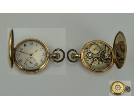 English Gold Plated Demi Hunter Pocket Watch. c.1920's. Features White Porcelain Dial, Secondary Dial, Watch Case to wear 10 