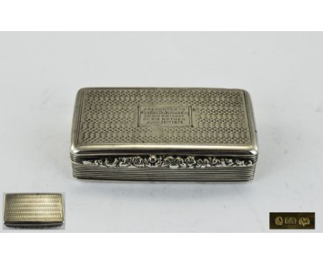George IV Silver Snuff Box With Gilt Interior. Hallmark Birmingham 1825, Maker Thomas Shaw. Nice Condition. Width 2.5 Inches.