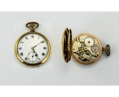 Swiss Made 1920's Gold Plated Open Faced Pocket Watch, Features White Porcelain Dial, 15 Jewels, 3 Adjustment Movement, Denni