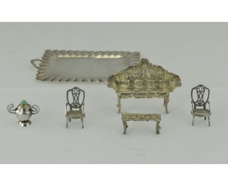 A Small Collection of Miniature Silver Furniture - All Fully Hallmarked for Silver + a Two Handled Miniature Tray. Comprises 