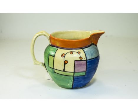 Clarice Cliff Hand Painted Art Deco Jug ' Abstract ' Branch and Squares - Design, Green & Blue. c.1930. Height 3 Inches. 
