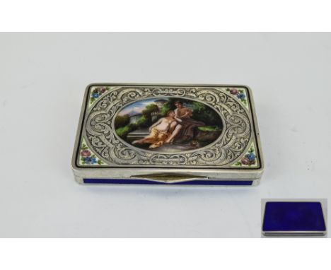 A Nice Quality European 19th Century Silver And Enamel Rectangle Shaped Hinged Box. The Central Plaque Surrounded by Ornate W