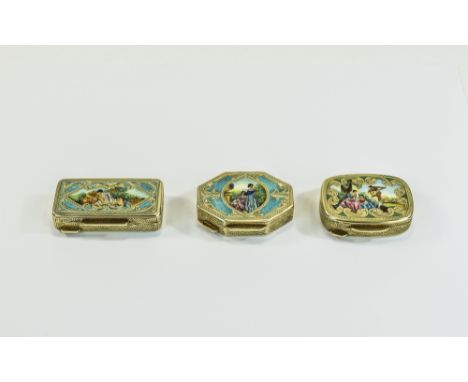 A Nice Quality Trio of Silver Gilt and Enamel Pill Boxes, The Covers Depicting Scenes with Figures From The 19th Century Life