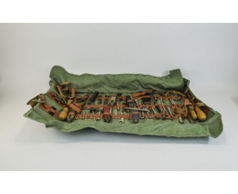Engineering Interest. Canvas Roll containing approx 50 hand tools comprising gauges, callipers, unusual precision allen keys 
