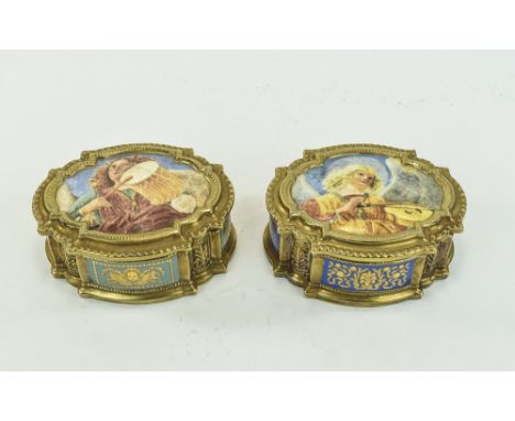Franklin Mint Pair of "Angels of The Vatican" Musical Boxes, one showing an angel playing a vielle, the other, a drum, to the