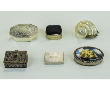 Contemporary and Vintage Collection of Silver Pill Boxes, with One Scottish, Pearl and Snuff Box / Mull ( 6 ) Items In Total.
