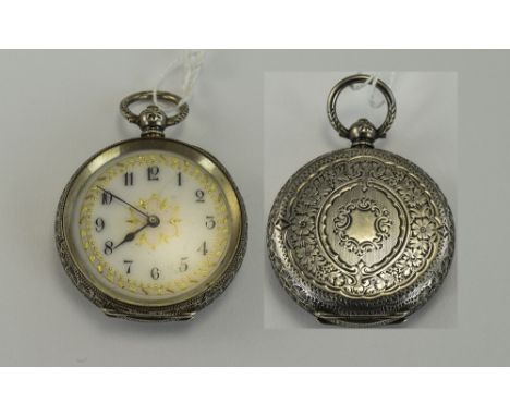 Swiss 1920's Keywind High Grade Silver And Ornate Ladies Pocket Watch. Marked Silver 935. The White Porcelain Dial Overlaid w