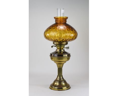 Early To Mid 20thC Brass Oil Lamp, Typical Form With Amber Coloured Glass Shade, Height 22 Inches