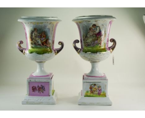 Pair of Large Dresden Campagna Shaped Pedestal Urns, in the Helena Wolfsohn style, each urn with two panels decorated with pr