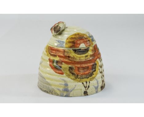 Clarice Cliff Handpainted Beehive Lidded Preserve Pot 'Rhodanthe' Pattern, circa. 1934, 3.75'' High, Matched Lid Not Original