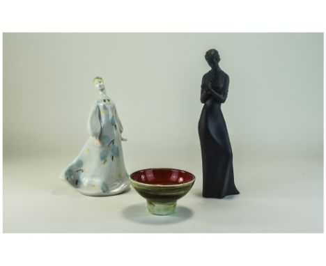 Three Pieces Of Pottery Comprising A Small Poole Footed Dish, Height 2¾ Inches, Royal Doulton Figure Tenderness HN 2714 And A