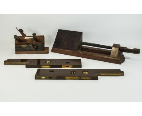 Collection of Antique Wooden Hand Tools comprising a combination wood plane, marked Mc Vicar, two piece combination spirit le