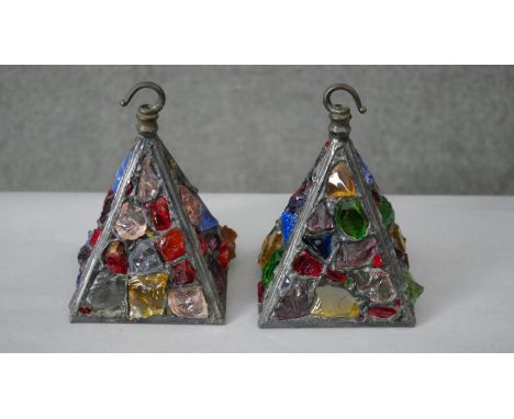 A pair of 1950's Peter Marsh leaded coloured glass pyramid lamp shades. H.20 W.15cm 