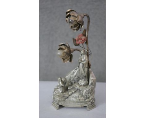 A vintage silvered Lourdes Virgin Mary shrine lamp. H.34 W.16cm 
