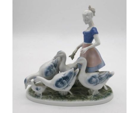 A vintage Gerold Porzellan Figure #7048 - Shepherdess Herding Geese. Makers stamp to the base. H.29 W.29cm 