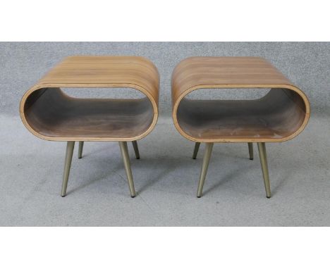 A pair of retro styled Made.com open lamp tables on dansette supports. H.44 W.45 D.45 cm 