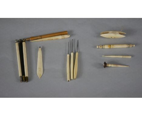 A collection of thirteen 19th century sewing instruments. Including needle cases, darning tools and thread holder, some carve