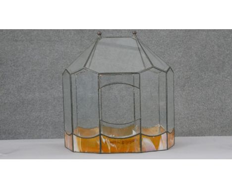 A vintage lead and stained glass terrarium. H.42 W.39 D.26cm 