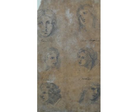 Six 19th century portrait sketches on brown paper of Classical figures. H.36 W.28cm 