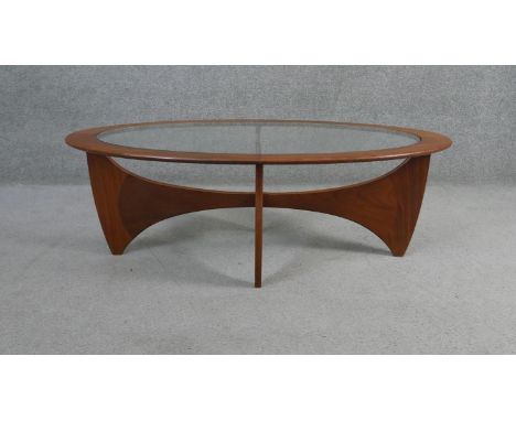 A mid century vintage teak G-Plan Astro coffee table with inset plate glass top on shaped X supports. H.42 W.122 D.66cm 