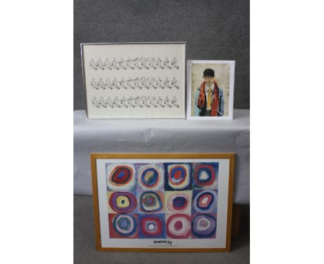A collection of three prints. Including a print of David Hockney self portrait, a framed and glazed Kandinsky exhibition post