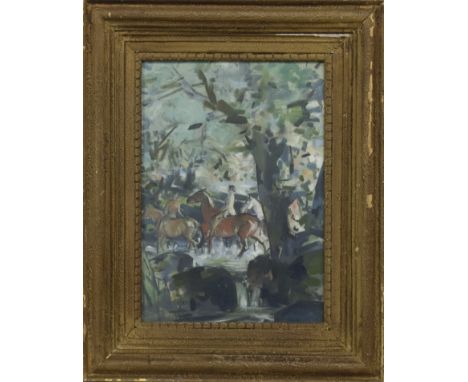 * EDMUND BLAMPIED RBA (BRITISH 1886 - 1966), ACROSS COUNTRY oil on board, signed, titled label verso image size 27cm x 19cm, 